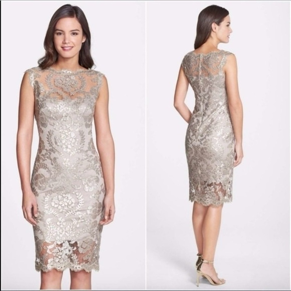 Tadashi Shoji Illusion Sequin Pallette Embroidered Lace Dress